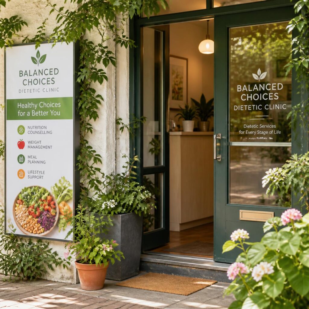 Entrance sign for Balanced Choices Dietetic Clinic, welcoming new patients