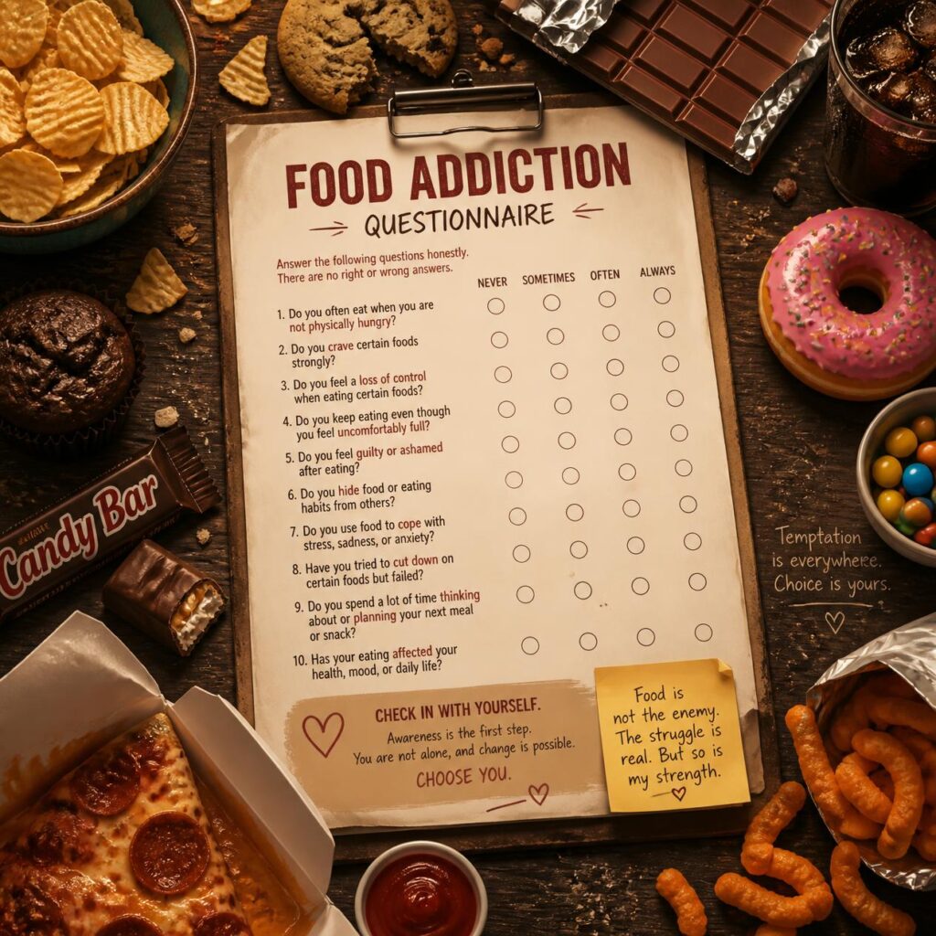 Food Addiction Questionnaire surrounded by chips, chocolate, and soda, symbolizing common food addiction triggers