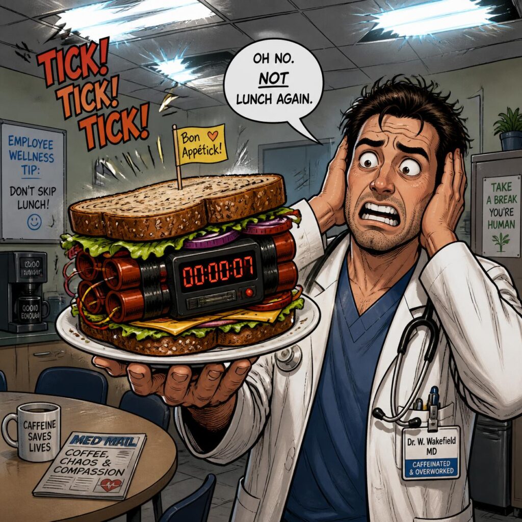 Comic-style illustration of workplace lunch anxiety, symbolizing the daily pressure of food addiction
