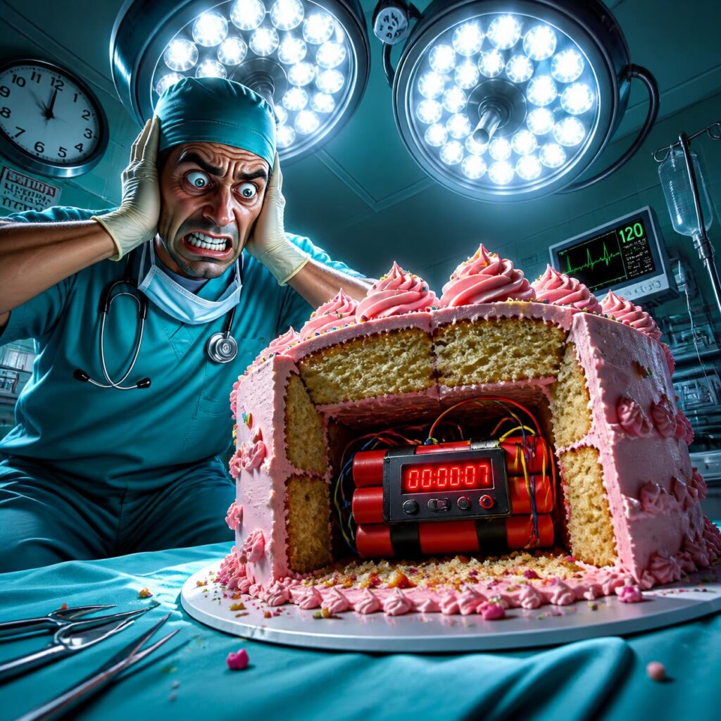 Surgeon in operating room reacting to a cake with hidden risks, symbolizing digestive health emergencies