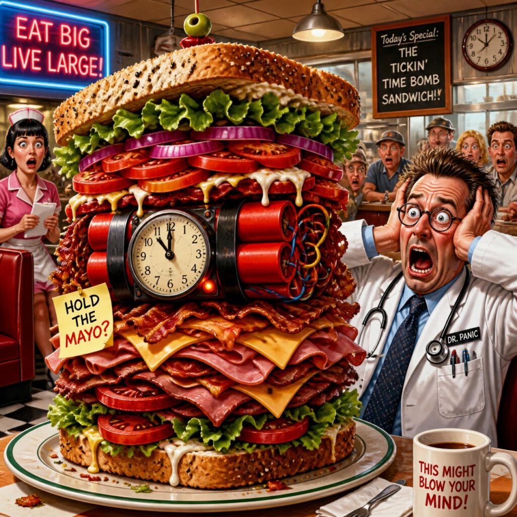 Retro diner scene with a giant sandwich labeled "The Tickin' Time Bomb," symbolizing the risks of oversized portions