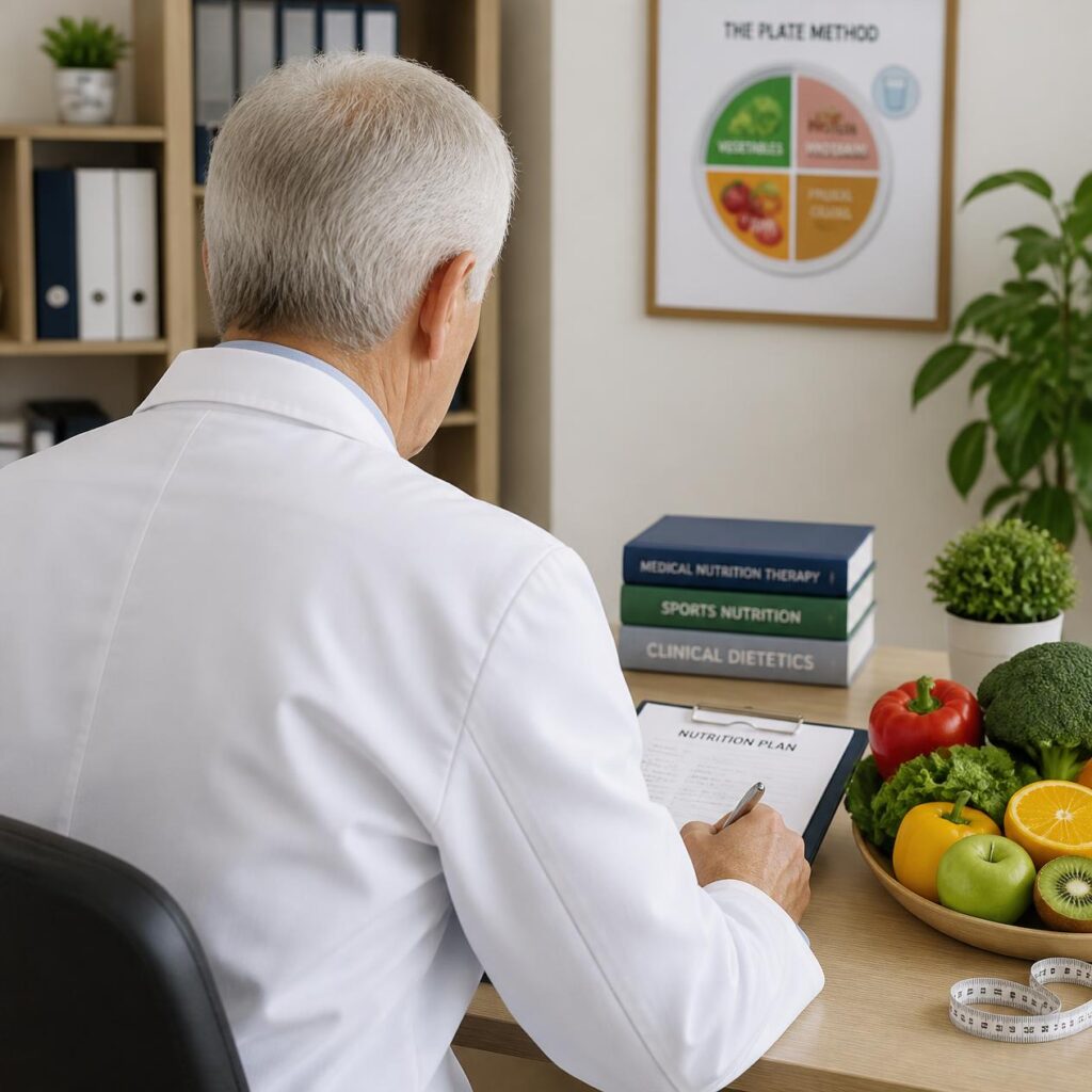 Nutritionist explaining the plate method for balanced meal planning