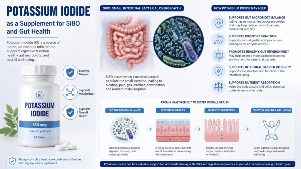Potassium iodide and SIBO gut health concept with digestive system illustration