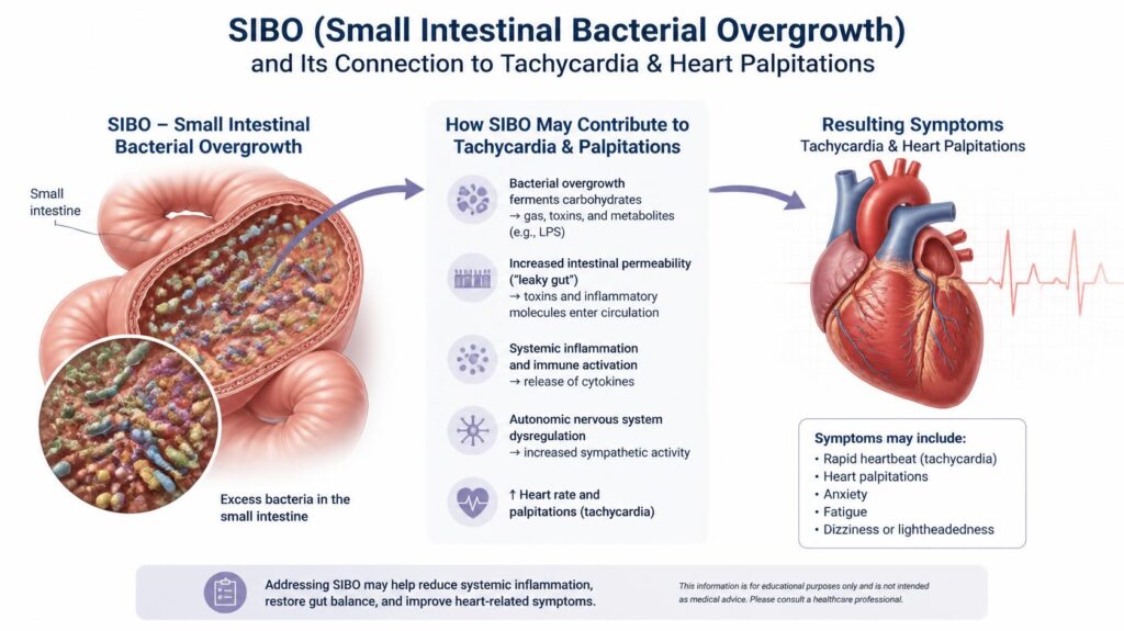 Diagram showing the vagus nerve connection between the gut and heart, illustrating how SIBO can trigger heart palpitations