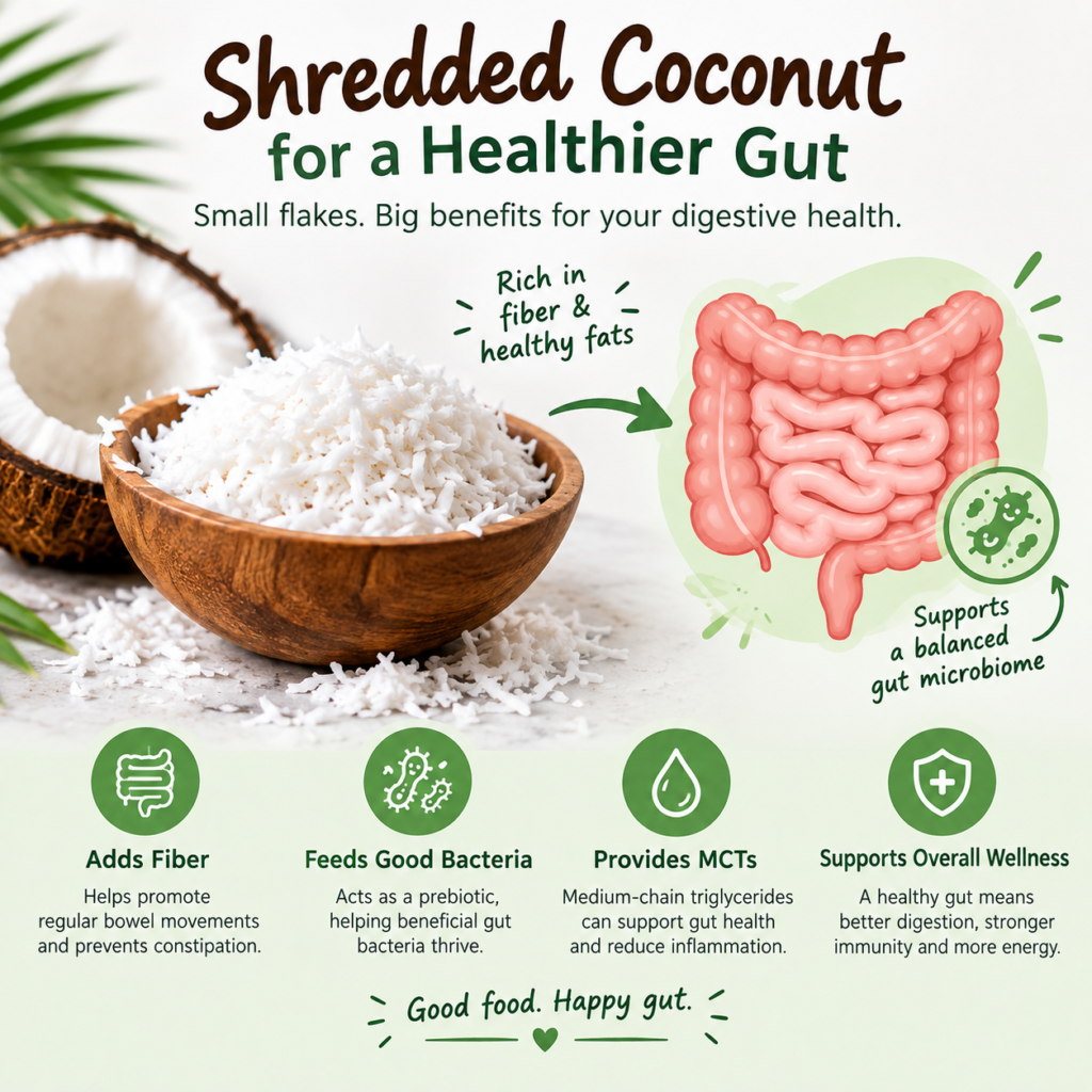 Fresh coconut halves with coconut oil, illustrating coconut's role in gut health and the microbiome